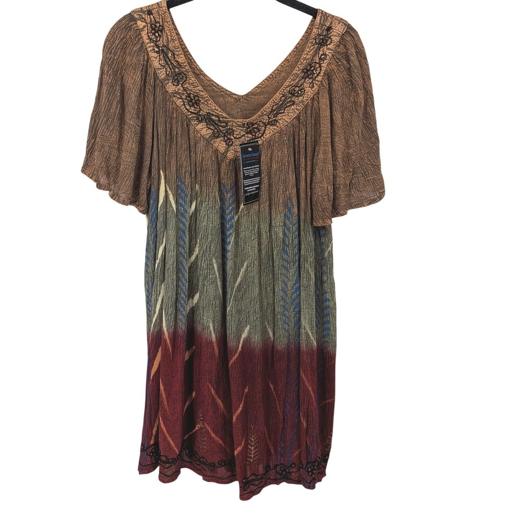 Greater Good Tunic Top Women One Size Brown Tie Dye Embroidered Boho Earthy NWT
